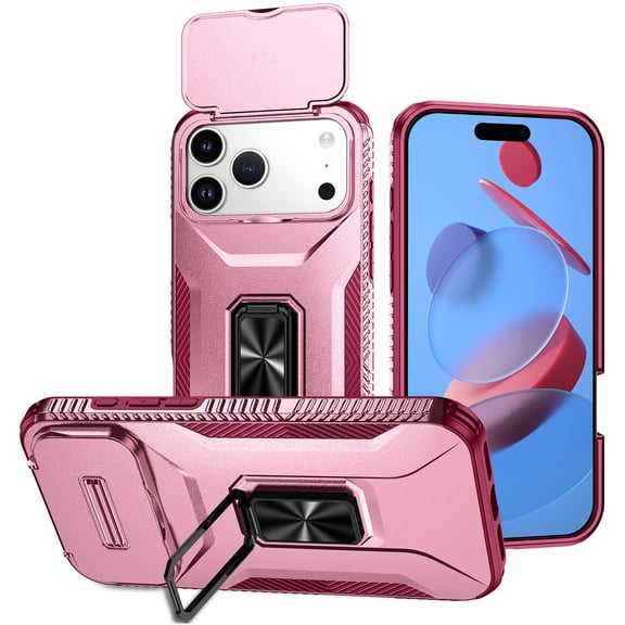 for iPhone 17 Pro Case with Sliding Camera Cover, [Drop Protection] [Magnetic Rotated Kickstand] Military Grade Shockproof Heavy Duty Cover for iPhone 17 Pro, Pink