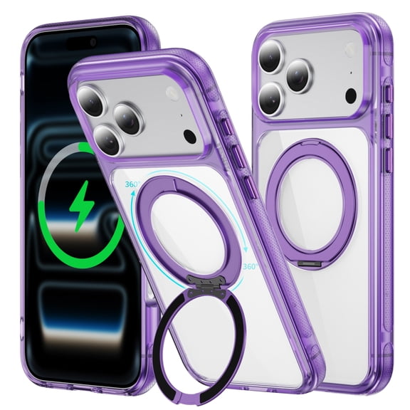iPhone 17 Pro Case with Stand, 360 Magnetic Ring Stand, Military-Grade Protection [Compatible with MagSafe] Shockproof Case for iPhone 17 Pro Slim Cover Adjustable Foldable Kickstand, Clear