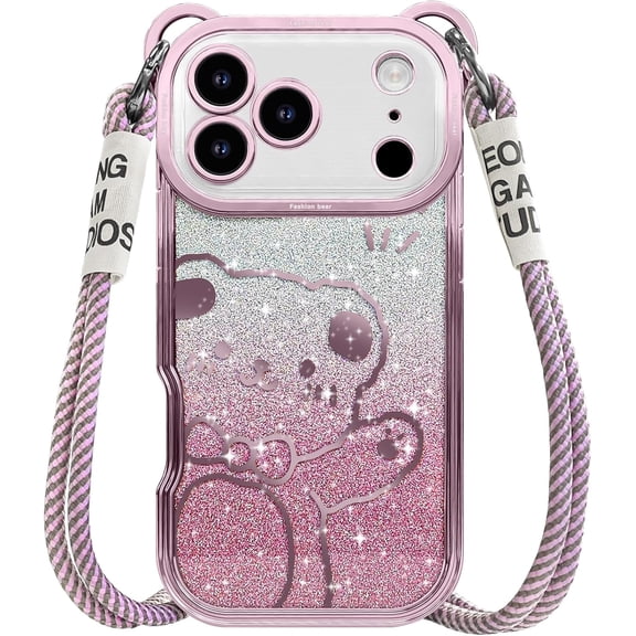 For iPhone 17 Pro Case with Strap, Cute Cartoon Bear Sparkle Bling Pattern with Crossbody Lanyard Glitter for Women Girls, Soft TPU Shockproof Cover for iPhone 17 Pro