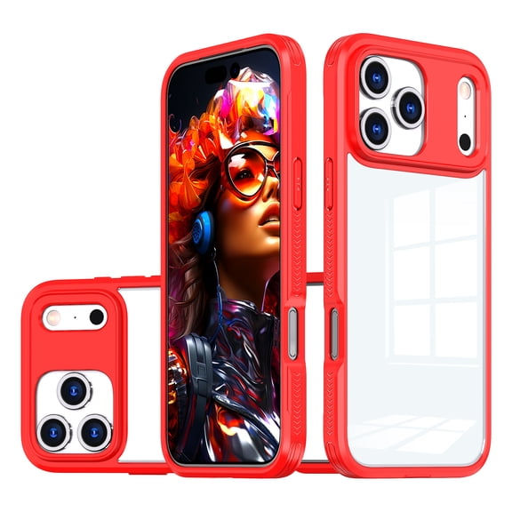 for iPhone 17 Pro Case, Stylish Slim Crystal Clear PC Back + TPU Silicone Case with Sliding Camera Cover Anti-fingerprint Shockproof Phone Cases for iPhone 17 Pro, Red