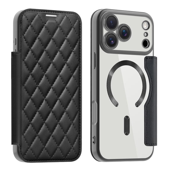 for iPhone 17 Pro Case, Support Magnetic Wireless Charger, Slim Fit Flip Protective PU Leather Wallet Case with RFID Blocking Card Slot Build-in Len Protector for iPhone 17 Pro, Black