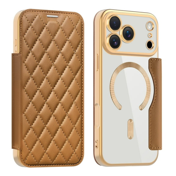 for iPhone 17 Pro Case, Support Magnetic Wireless Charger, Slim Fit Flip Protective PU Leather Wallet Case with RFID Blocking Card Slot Build-in Len Protector for iPhone 17 Pro, Brown
