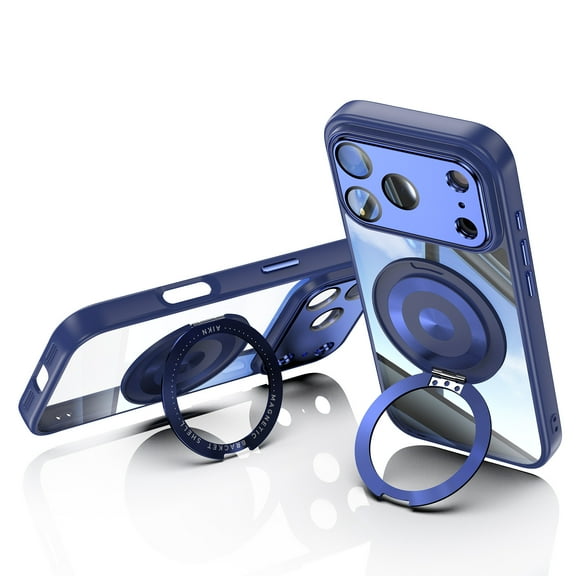 For iPhone 17 Pro Case with Tempered Glass Camera Lens Protector, Ring Holder Kickstand Shockproof Scratch Resistant Anti-Yellow Clear Back Case Cover for Apple iPhone 17 Pro,Blue