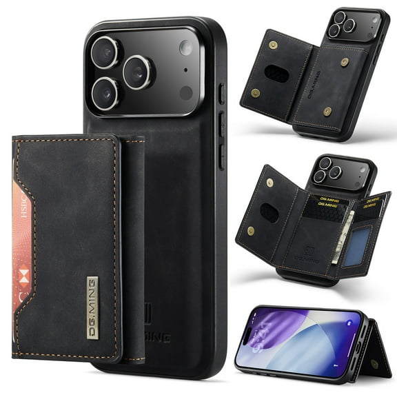 for iPhone 17 Pro Case Wallet, 2 in 1 Detachable Magnetic Card Holder PU Leather Kickstand Phone Case [Card Cash Slot] [Wireless Charging] Shockproof Cover For iPhone 17 Pro,Black