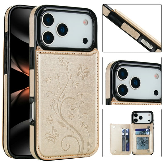 for iPhone 17 Pro Case Wallet with Card Holder, Floral Flower Pattern Back Flip Folio PU Leather Kickstand Card Slots Case for Women Girls, Double Magnetic Clasp Shockproof Cover, Gold