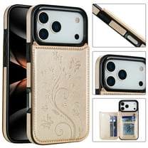for iPhone 17 Pro Case Wallet with Card Holder, Floral Flower Pattern Back Flip Folio PU Leather Kickstand Card Slots Case for Women Girls, Double Magnetic Clasp Shockproof Cover, Gold