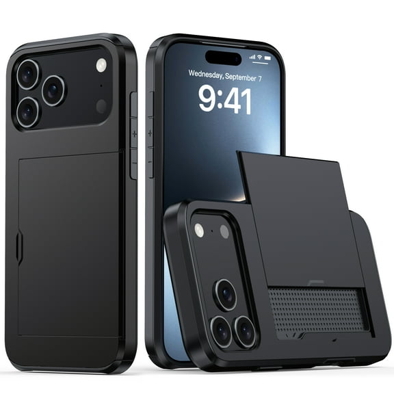 For iPhone 17 Pro Case Wallet with Slide Hidden Card Holder Slot Slim Dual Layer Heavy Duty Shockproof Hard PC Hybrid TPU Phone Case Kickstand Protective Cover,Black