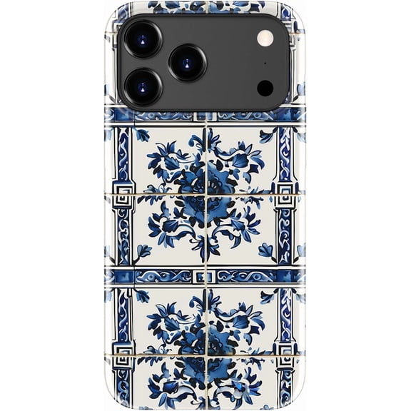 for iPhone 17 Pro Case - Wireless Charging Compatible - Dual-Layer Hard Shell + Silicone Cover - Shockproof Protective Phone Case with Stylish Designs for Women - Blue Ceramic Wall Tiles