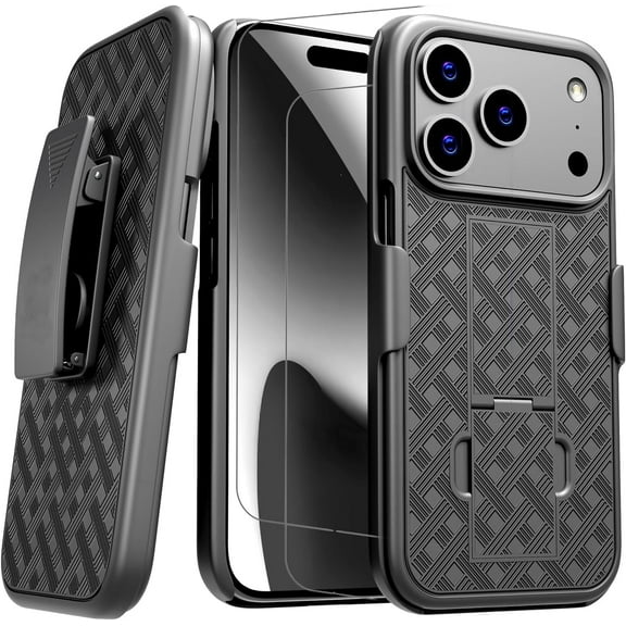 For iPhone 17 Pro Case,With Belt Clip Holster Combo Kickstand Rotating Swivel Rugged Shockproof Cover,2X Screen Protector,Heavy Duty Shell For iPhone 17 Pro Balck