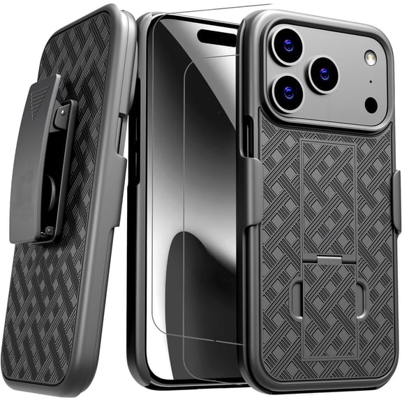 For iPhone 17 Pro Case,With Belt Clip Holster Combo Kickstand Rotating Swivel Rugged Shockproof Cover,2X Screen Protector,Heavy Duty Shell For iPhone 17 Pro Balck