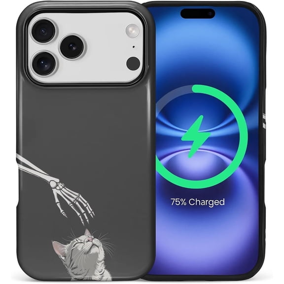 for iPhone 17 Pro Case for Women Girl Men Boy, Compatible with MagSafe, Shockproof Soft Silicone & Hard PC Shell Protective Case for iPhone 17 Pro - Skeleton Hand and Cat