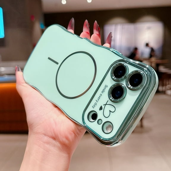 For iPhone 17 Pro Case for Women Girls [Compatible with MagSafe] Cute Curly Wave Shape, Magnetic Love Heart Pattern with Camera Lens Cover Luxury Plating Shockproof Phone Case,Green