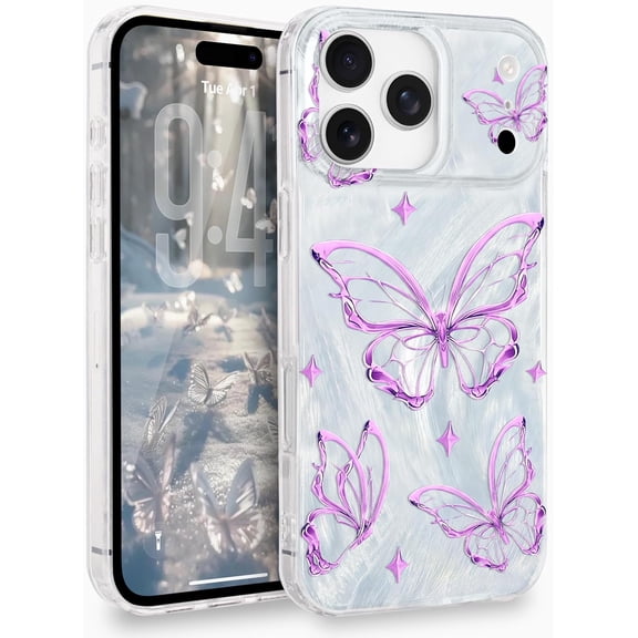 for iPhone 17 Pro Case for Women Girls Shiny Silver Butterfly Design, Cute Trendy Soft Slim TPU Shockproof Protective Phone Case Cover for iPhone 17 Pro 6.3 Inch, Aesthetic Light Purple