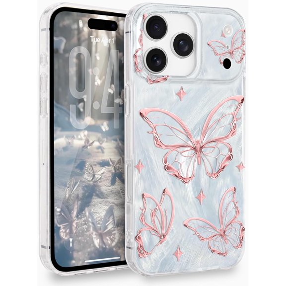 for iPhone 17 Pro Case for Women Girls Shiny Silver Butterfly Design, Cute Trendy Soft Slim TPU Shockproof Protective Phone Case Cover for iPhone 17 Pro 6.3 Inch, Aesthetic Pink