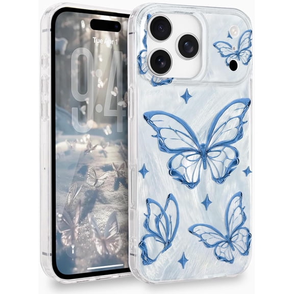for iPhone 17 Pro Case for Women Girls Shiny Silver Butterfly Design, Cute Trendy Soft Slim TPU Shockproof Protective Phone Case Cover for iPhone 17 Pro 6.3 Inch, Aesthetic Light Blue