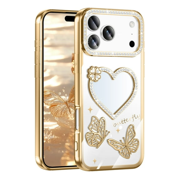 for iPhone 17 Pro Clear Back Case, Luxury Diamond Plating Butterfly Floral Ultra Slim Shock-Absorbent Flexible Lightweight Non-Slip Heart Makeup Mirror Protective Women Girls Cover, Gold