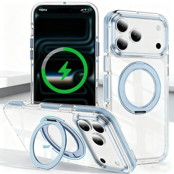 for iPhone 17 Pro Clear Case, with Rotatable Ring Stand, Compatible with Mag-Safe, Military Drop Protection, Transparent Slim Phone Cover for iPhone 17 Pro with Kickstand, Lightblue