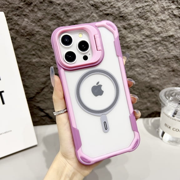 for iPhone 17 Pro Clear Phone Case, Compatible with MagSafe + Camera Kickstand Guard, Military-Grade Protective Shockproof Slim Fit Scratch-Resistant Transparent Case Cover - Pink