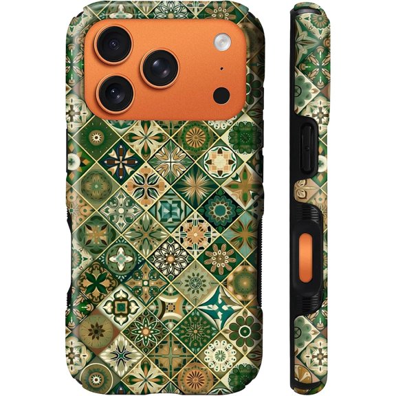 for iPhone 17 Pro Compatible with Magsafe Full Body Case Screen Lens Protection Magnetic Ring for Girl Boy Cute Pattern Mediterranean Traditional Tile Art Dark Green