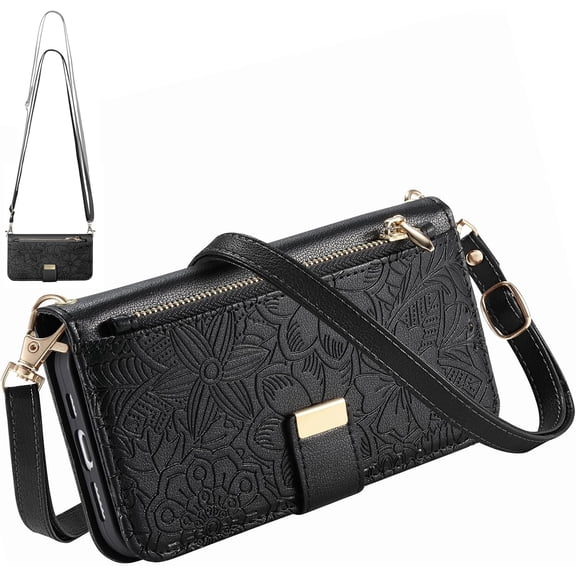 iPhone 17 Pro Crossbody Wallet Case with Strap & Zipper Pocket, Floral Leather Cover