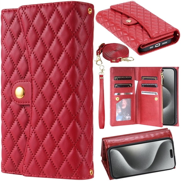 for iPhone 17 Pro Crossbody Wallet Style Leather Phone Case Purse Bag, Classic Rhombus Plaid Triple-Fold Flip Cover, Multi Card Holder Slot Magnetic Closure Hand Lanyard Shoulder Strap
