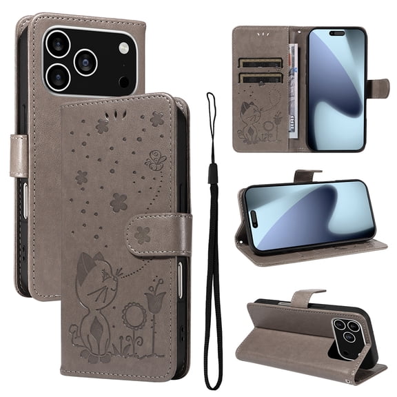 For iPhone 17 Pro Flip Case Wallet Cover Embossed Kitten Pattern Premium Magnetic PU Leather Shell with RFID Blocking Card Slots Pocket Lanyard Stand Full Protective Phone Cover,Gray