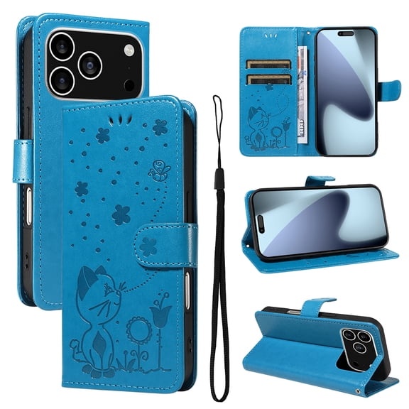 For iPhone 17 Pro Flip Case Wallet Cover Embossed Kitten Pattern Premium Magnetic PU Leather Shell with RFID Blocking Card Slots Pocket Lanyard Stand Full Protective Phone Cover,Blue