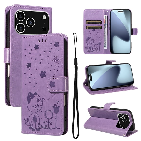 For iPhone 17 Pro Flip Case Wallet Cover Embossed Kitten Pattern Premium Magnetic PU Leather Shell with RFID Blocking Card Slots Pocket Lanyard Stand Full Protective Phone Cover,Purple
