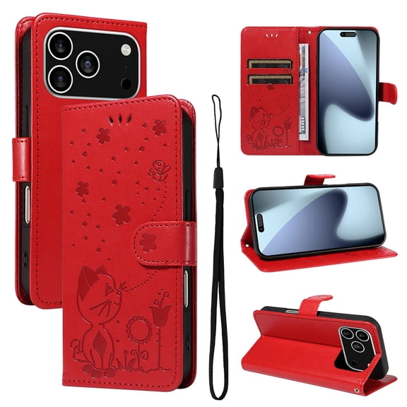 For iPhone 17 Pro Flip Case Wallet Cover Embossed Kitten Pattern Premium Magnetic PU Leather Shell with RFID Blocking Card Slots Pocket Lanyard Stand Full Protective Phone Cover,Red
