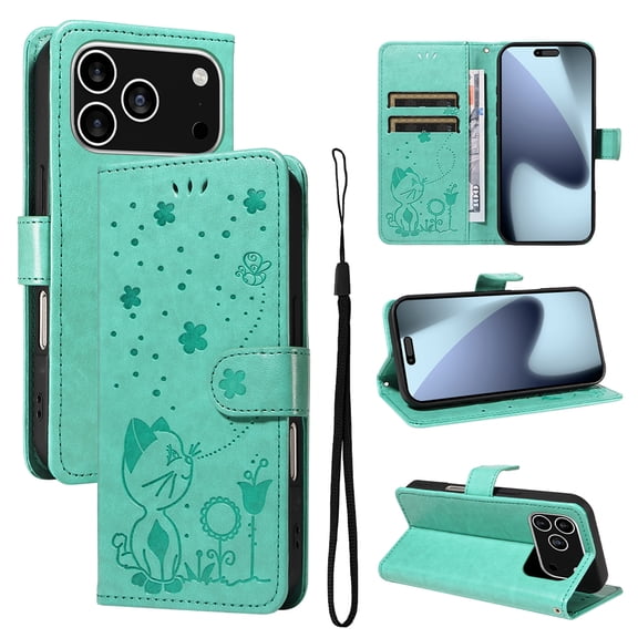 For iPhone 17 Pro Flip Case Wallet Cover Embossed Kitten Pattern Premium Magnetic PU Leather Shell with RFID Blocking Card Slots Pocket Lanyard Stand Full Protective Phone Cover,Green