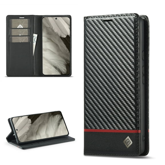 for iPhone 17 Pro Flip Wallet Case for Women Men, Carbon Fiber PU Leather & Soft TPU Card Holder Stand Magnetic Closure Phone Case Cover for iPhone 17 Pro, Black Horizontal Line