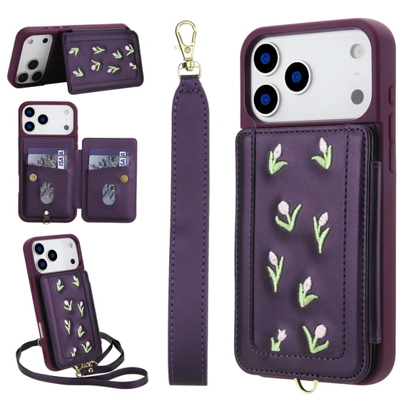 for iPhone 17 Pro Floral Pattern Wallet Case, Magnetic Snap PU Leather Credit Card Holder Stand Wrist Shoulder Strap Flip Cover, for iPhone 17 Pro Protective Case for Girls Women, Purple