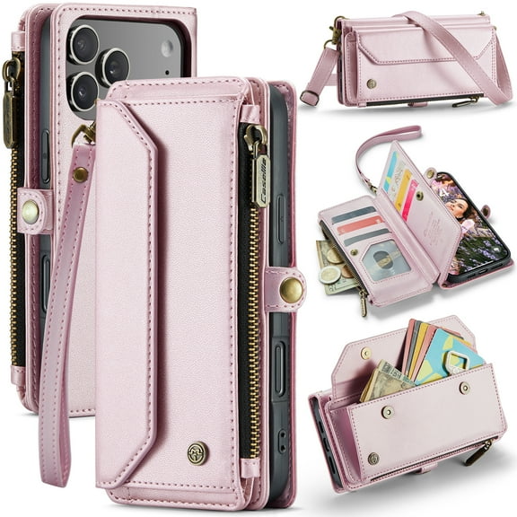 for iPhone 17 Pro Full Body Protection Wallet Folio Flip Case, Shoulder Strap & Wristlet Card Slots Zipper Pocket RFID Blocking Rugged Durable PU Leather Phone Case Cover, Pink