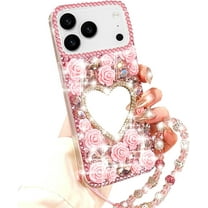 for iPhone 17 Pro Glitter Bling Case, Cute 3D Sparkle Heart Makeup Mirror Crystal Rhinestones Flowers Diamond Gems Pearl with Lanyard Wrist Strap Women Girls Case for iPhone 17 Pro 6.3", Pink
