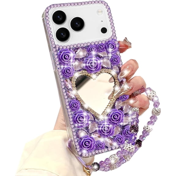 for iPhone 17 Pro Glitter Bling Case,Cute 3D Sparkle Heart Makeup Mirror Crystal Rhinestones Flowers Diamond Gems Pearl with Lanyard Wrist Strap Women Girls Case for iPhone 17 Pro 6.3",Purple