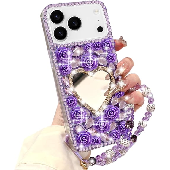 for iPhone 17 Pro Glitter Bling Case,Cute 3D Sparkle Heart Makeup Mirror Crystal Rhinestones Flowers Diamond Gems Pearl with Lanyard Wrist Strap Women Girls Case for iPhone 17 Pro 6.3",Purple