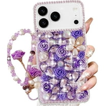 for iPhone 17 Pro Glitter Bling Case,Cute Luxury 3D Sparkle Crystal Rhinestones Flowers Shiny Gems Diamond Pearl with Lanyard Wrist Strap Women Girls Phone Case for iPhone 17 Pro 6.3", Purple