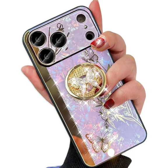 for iPhone 17 Pro Glitter Kickstand Case,Cute Bling Marble Conch Floral Butterfly with Ring Stand Mirror Back Elegant Shockproof Protective Cover for Girls Women for iPhone 17 Pro 6.3",Purple