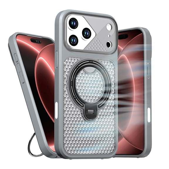 For iPhone 17 Pro Grid Texture Magnetic Phone Case , Wireless Charging Compatible, Heat-Dissipation Design, Slim Shockproof Cover, Built-In Ring Kickstand, Raised Camera Protection, Gray