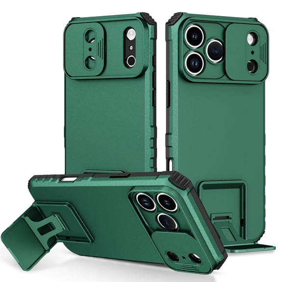 For iPhone 17 Pro Hard PC Case with Slide Camera Lens Cover, Military Grade Drop Protection Heavy Duty Shockproof Multi-angle Kickstand Rugged Case for iPhone 17 Pro,Darkgreen