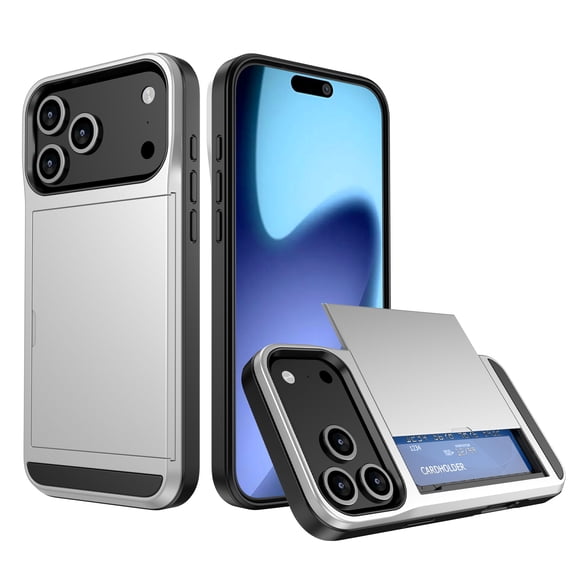 for iPhone 17 Pro Hybrid 2 In 1 Case with Sliding Back Cover, Card Holder Drop Protective Dual Layer Shockproof Hidden Card Slot Slim Wallet Case for iPhone 17 Pro for Women & Men, Silver