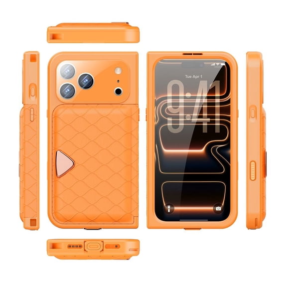 For iPhone 17 Pro IP68 Waterproof Case, Full Body Rugged Shockproof Cover with Built-in Screen Protector, Magnetic Card Slot & Makeup Mirror Wallet Phone Case,Orange
