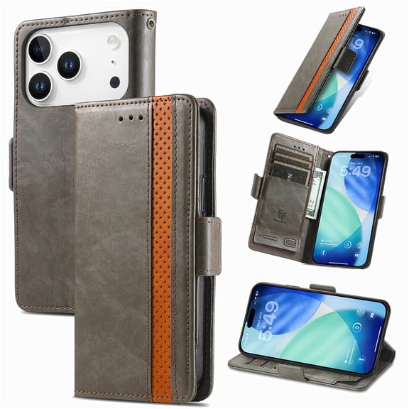 For iPhone 17 Pro Leather Phone Case Wallet Folio Flip Cover Casual Business, [RFID Blocking] Multi Hidden Anti-theft Card Holder Cash Slot, Side Magnetic Buckle, Stand Support,Gray,For iPhone 17 Pro
