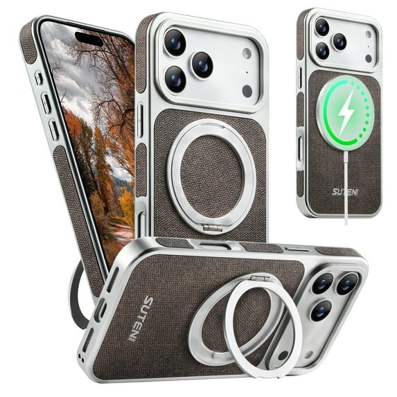 for iPhone 17 Pro Magnetic Case with 360 Rotating Ring Kickstand, Compatible with MagSafe, Denim Texture Metal Hard PC Stylish Anti-Scratch Wireless Charging Shockproof Phone Cover, Brown