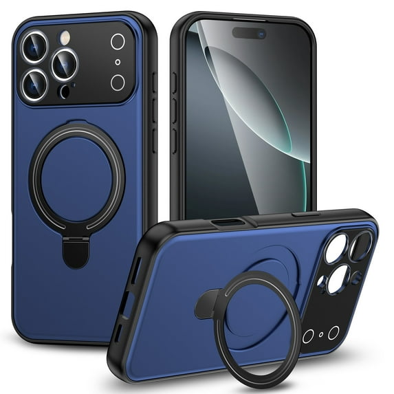 for iPhone 17 Pro Magnetic Case, PC+TPU Material, Compatible with MagSafe, Luxury Ultra Slim Shockproof Ring Kickstand Anti-Scratch Drop Protective Phone Cover for iPhone 17 Pro, Darkblue