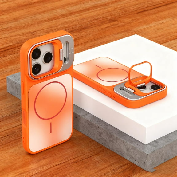 for iPhone 17 Pro Magnetic Case, Rugged Case with Kickstand, Compatible with Mag-Safe, Military-Grade Protection, Built-in Camera Lens Stand Phone Cover for iPhone 17 Pro, Orange