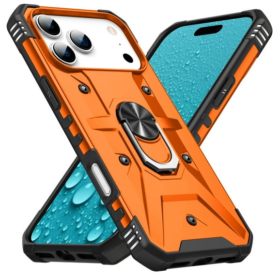 For iPhone 17 Pro Magnetic Phone Case,Heavy Duty Shockrpoof Anti-Scratch Protection,With Rotatable Ring Kickstand,Drop Protection,Rugged Durable Phone Case Cover For iPhone 17 Pro,Orange
