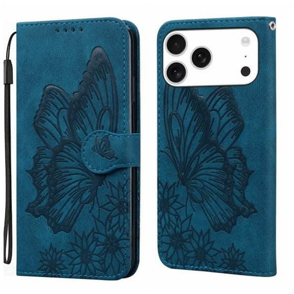 For iPhone 17 Pro Max 6.9" Large Butterfly Pattern Embossed Strong Magnetic Attachment/Closure, Card Slots/Pocket, PU Leather Flip Wallet Case ,Blue,For iPhone 17 Pro Max