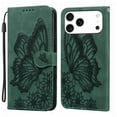 thumbnail image 1 of For iPhone 17 Pro Max 6.9" Large Butterfly Pattern Embossed Strong Magnetic Attachment/Closure, Card Slots/Pocket, PU Leather Flip Wallet Case ﻿,Green,For iPhone 17 Pro Max, 1 of 8