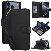 For iPhone 17 Pro Max 6.9" Wallet Case Leather Magnetic Flip Cover with Card Slots, RFID Blocking, Kickstand, Anti-Drop TPU & Detachable Wrist Strap,Black,For iPhone 17 Pro Max